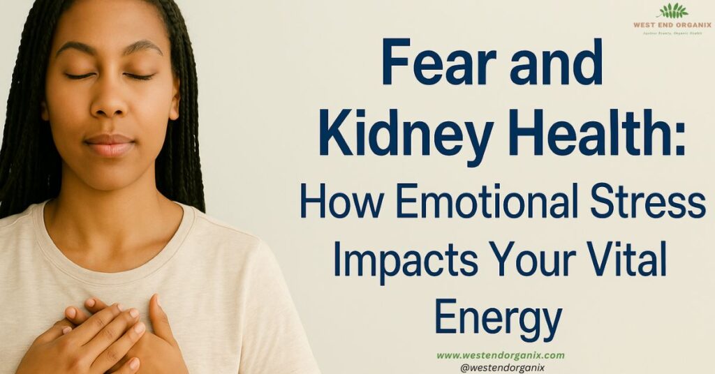 Peaceful woman with hands near lower back symbolizing kidney healing, emotional release, and stress relief — West End Organix