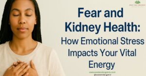Peaceful woman with hands near lower back symbolizing kidney healing, emotional release, and stress relief — West End Organix