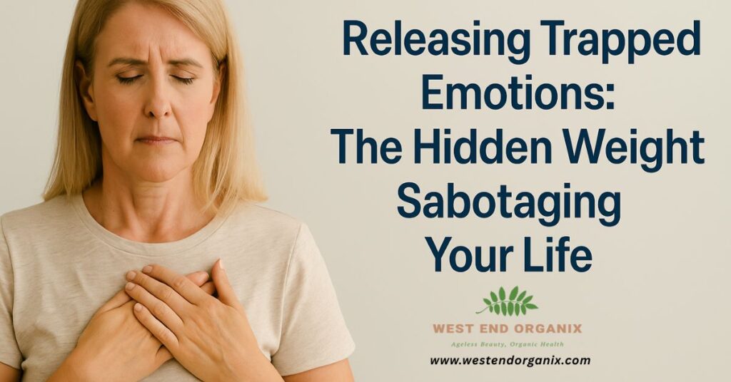 Middle-aged woman with hand over heart representing emotional healing – Releasing Trapped Emotions