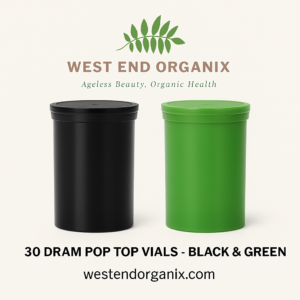 Clean photo of one black and one green vial side-by-side on a neutral background