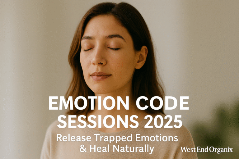Serene woman meditating outdoors in soft morning light representing Emotion Code sessions 2025 by West End Organix