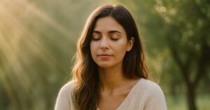 Woman meditating peacefully outdoors in morning sunlight, representing emotional healing and balance through Emotion Code sessions at West End Organix