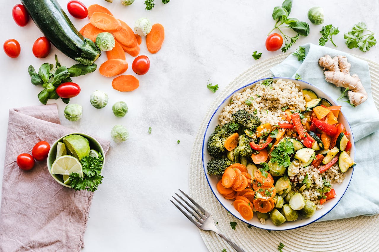 Colorful Mediterranean meal representing the longevity diet and healthy living for yourmetabolism at West End Organix