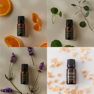 TRÄDN Essential Oils Sweet Orange, Eucalyptus, Lavender, and Frankincense in a natural aromatherapy flatlay – 100% pure essential oil gift set.
