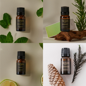 Collage of TRÄDN essential oils featuring Peppermint, Rosemary, Lemon, and Cedarwood bottles with natural botanicals.