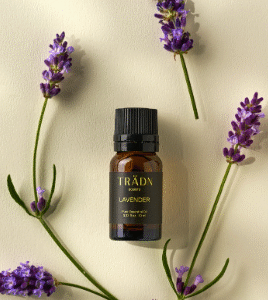 French True Lavender Essential Oil 10ml bottle surrounded by lavender flowers – TRÄDN