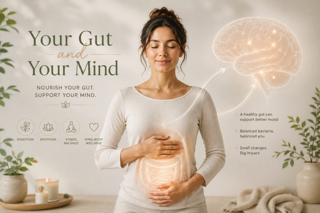 Centered woman with subtle stomach focus and brain graphic illustrating the gut-brain connection and emotional wellness