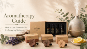 TRÄDN aromatherapy guide banner with essential oil bottles, diffuser, lavender, and citrus for everyday wellness