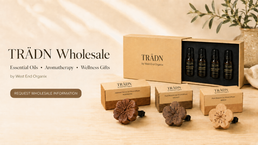 TRÄDN Wholesale by West End Organix featuring essential oils, aromatherapy gifts and wooden car diffusers