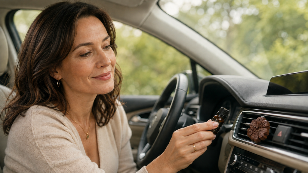 Woman holding essential oil beside a TRÄDN Japanese Sakura wooden car diffuser attached to a car air vent.
